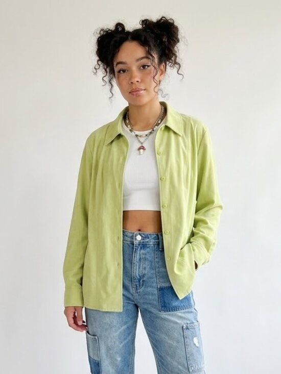 Jackets & Blazers - TALBOTS Vintage Lime Green Faux Suede Shirt Jacket Button Down XL Vintage